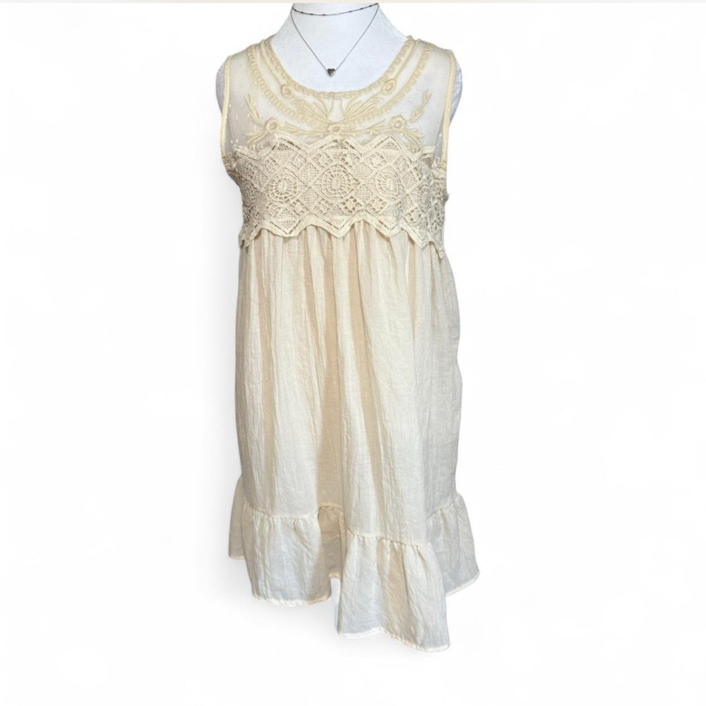 Indigo Soul Dress Cream Lace Ruffles Sz Small P-P 18β L-34β boho cottage lace